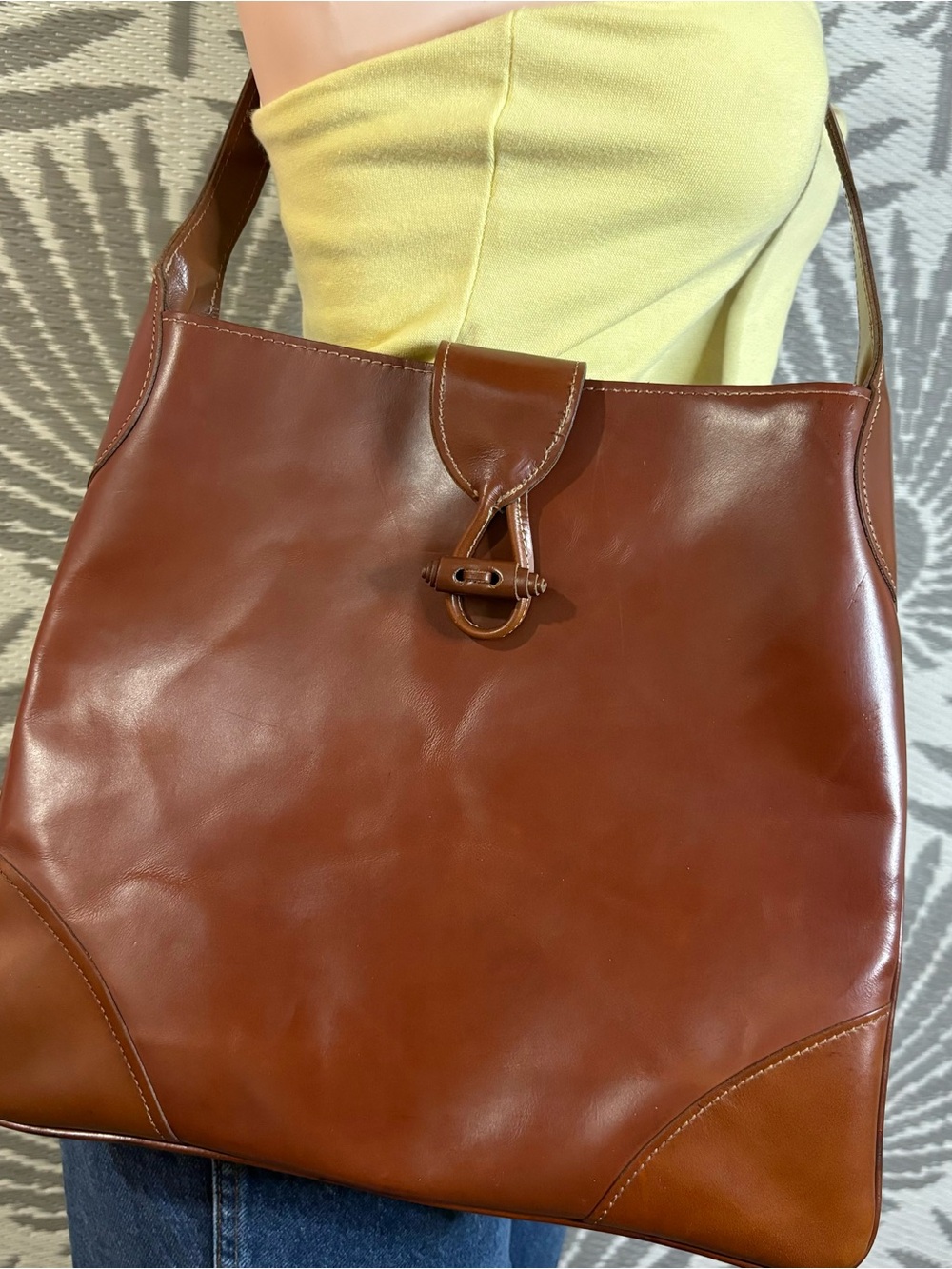 Vintage 90s Brown Leather Shoulder Bag Tote Made USA Preppy